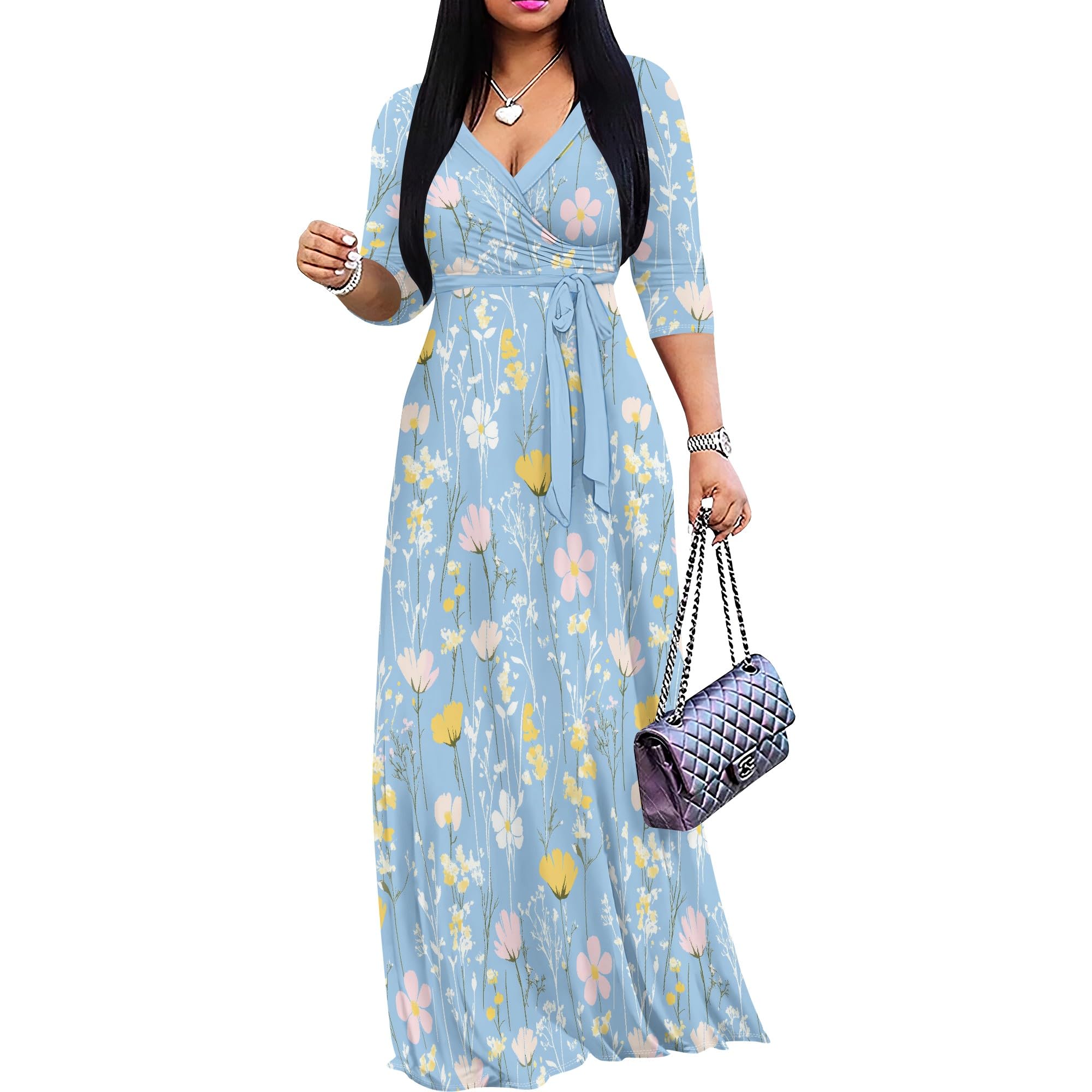 PinkPatty Plus Size Maxi Dress for Women Casual V Neck 3/4 Sleeve Boho Printed Long Dress with Pockets