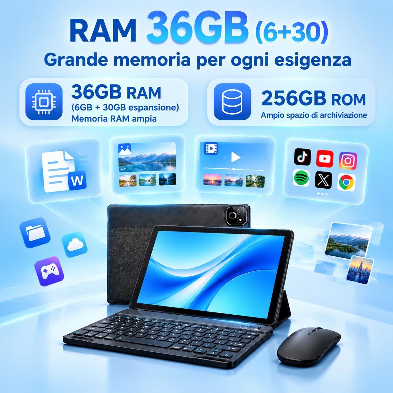 Tablet Android 10.1 Pollici, Android 16 Octa-Core, 36GB RAM+256GB ROM (1TB Espandibile), Schermo IPS 1280*800, Batteria 6000mAh, Fotocamere Doppie, Kit Completo Tablet Android per Studio e Lavoro
