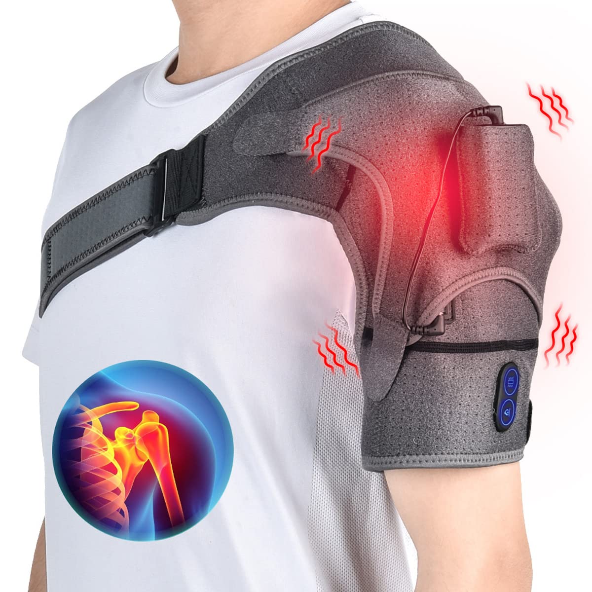 Tutore per Spalle Regolabile, Massaggio Fascia Spalla Riscaldante, Supporto per Spalla con 3 Tipi di Temperatura e Vibrazione, Cuffia Dei Rotatori per Terapia Del Calore, Alleviare Il Dolore Ai Muscol