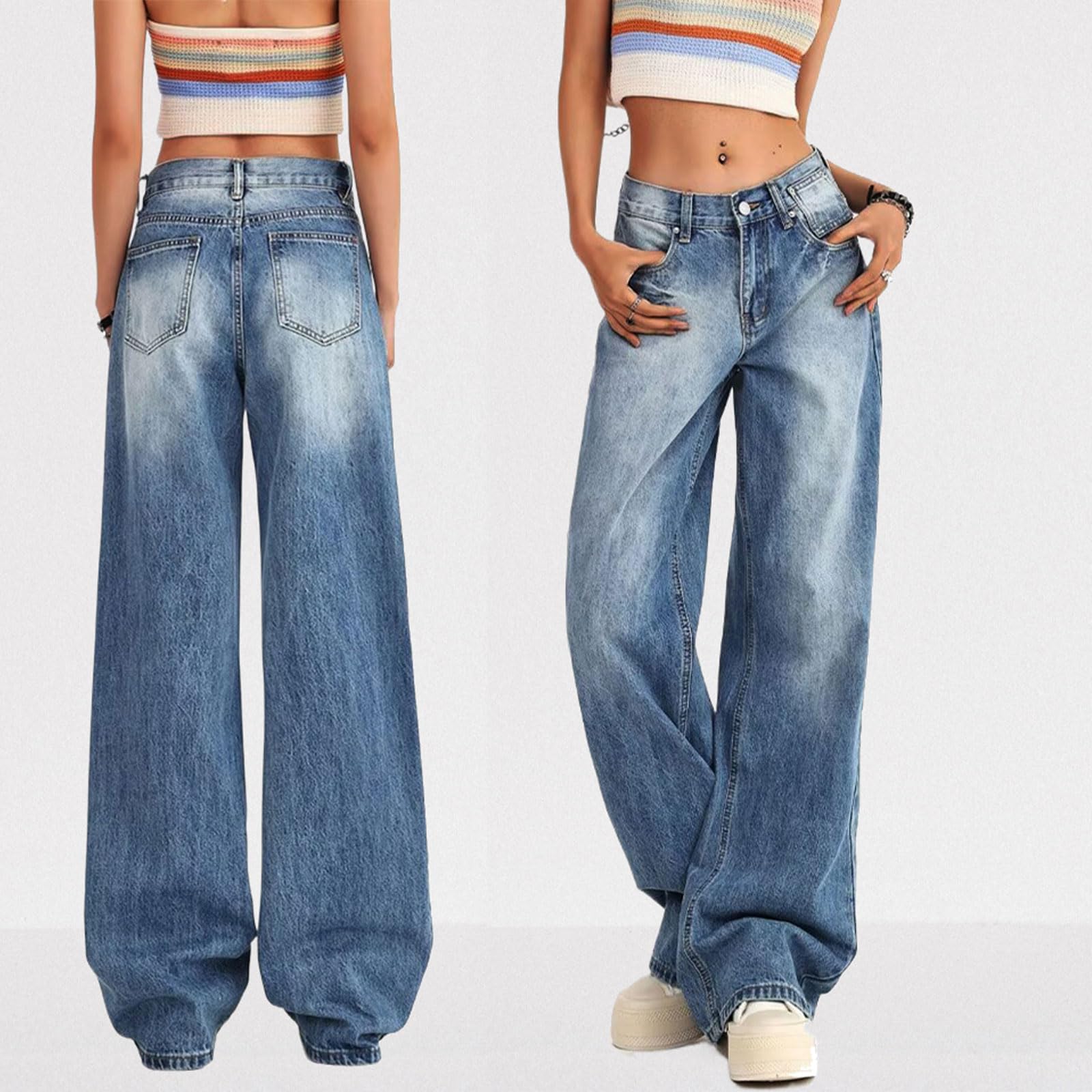 Damen Low Rise Baggy Jeans Gewaschene Straight Wide Leg Denim Pants Casual Loose Boyfriend Jeans Streetwear Hose