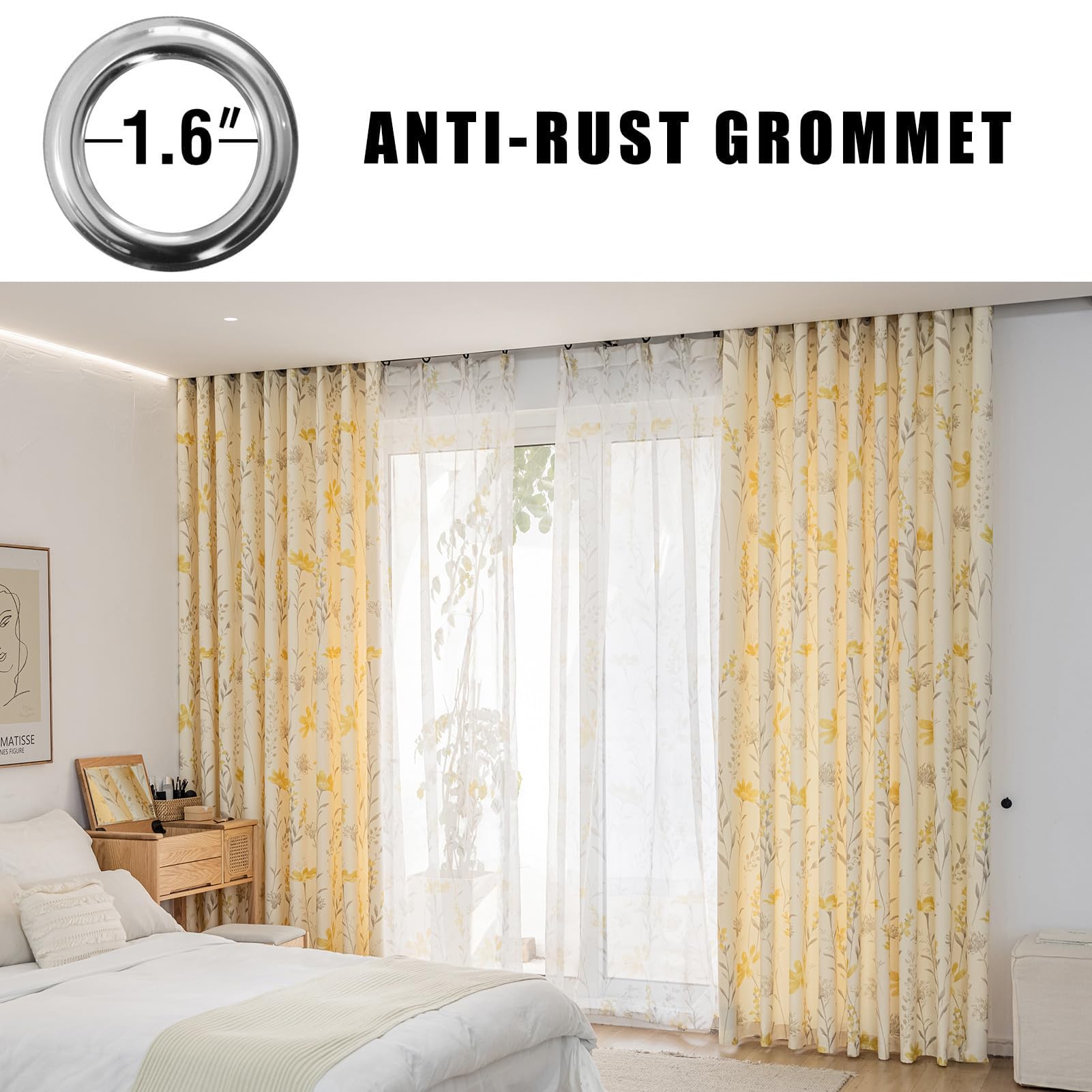 SUOUO Yellow Floral Curtain for Living Room Boho Chenille Patterned Grey Leaf 84 Inches Long 2 Panels Light Filtering Window Drapes for Bedroom Dining Sunflower