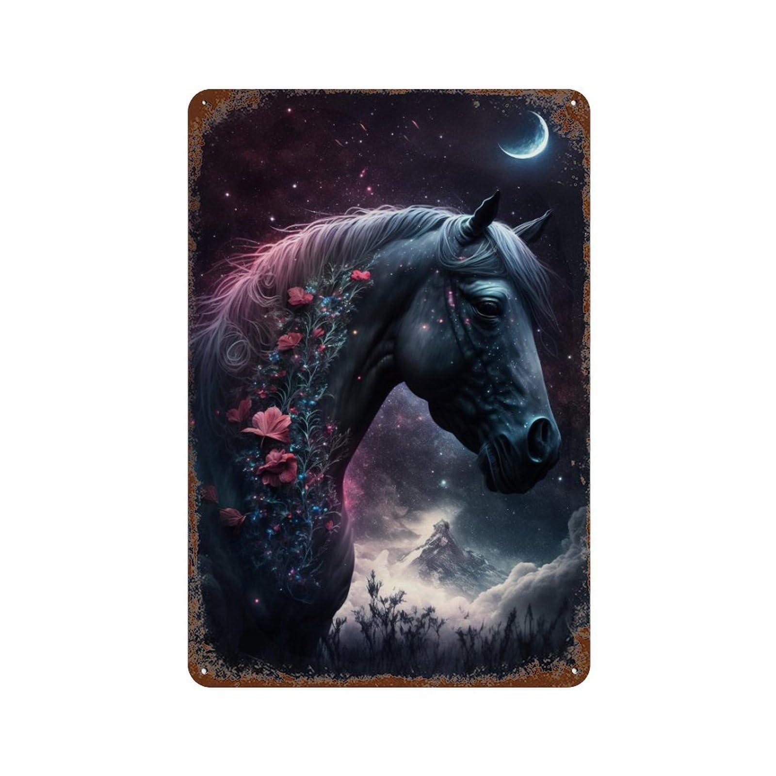 Magical Celestial Horse 11.8"x7.9" Distressed Metal Wall Sign, Retro Wall Decor for Garage, Bar And Workshop Decor