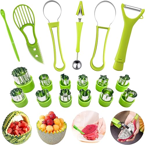 Juego de 18 cucharas de melón Baller, juego de pelador de frutas de acero inoxidable 4 en 1, cortador de aguacate, pelador de naranja, frutas y