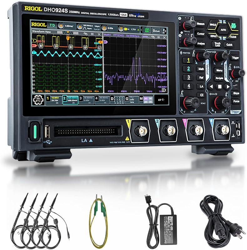 RIGOL DHO924S Oscilloscope with Built-in Signal Generator, 250MHz, 12-Bit | Built-in 25MHz AFG signal generator, 250MHz bandwidth, 12-bit high resolution, 2-in-1 professional lab instrument