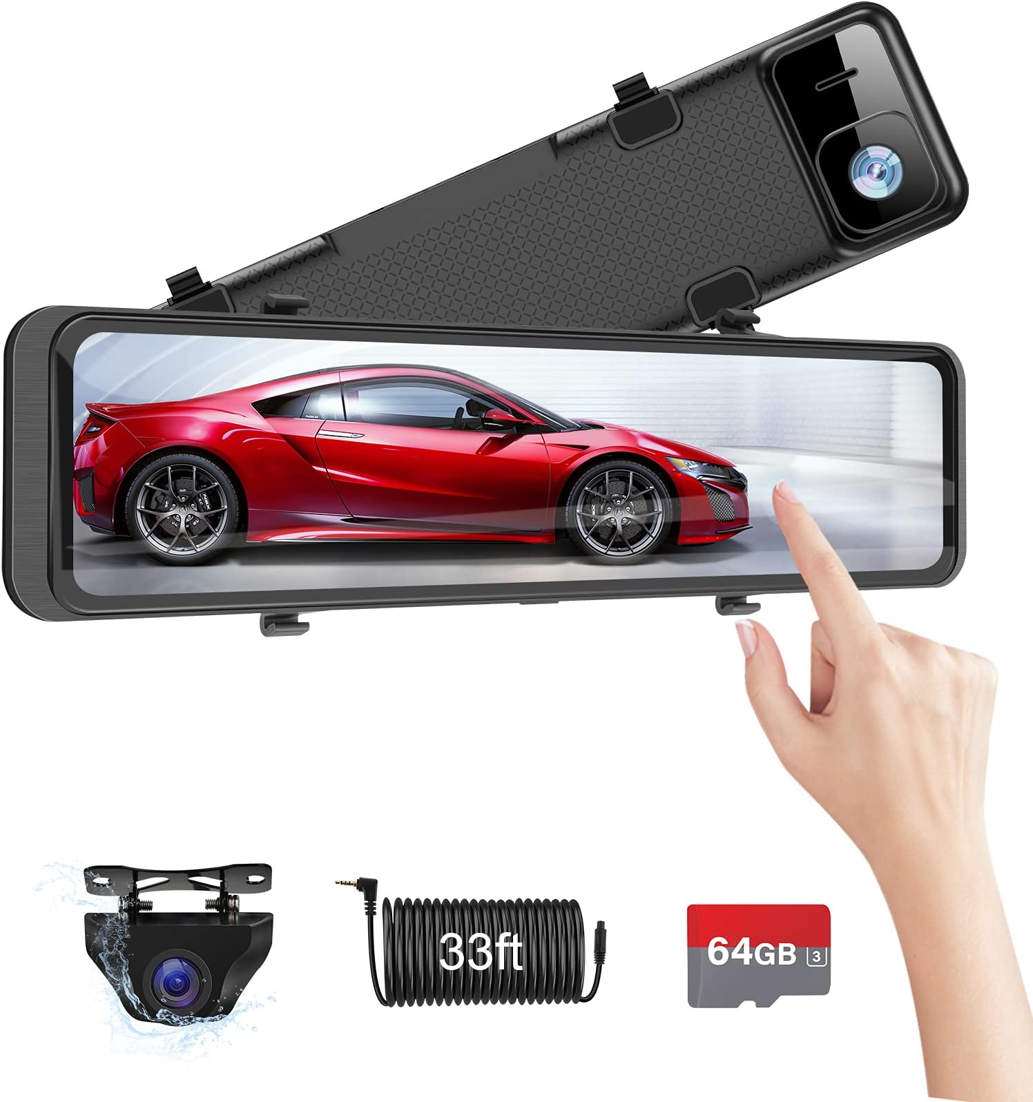 【Upgrade 12''】 4K Mirror Dash Cam Front and Rear View Backup Camera IPS Full Touch Screen Waterproof 1080P Rearview Camera Enhanced Night Vision for Cars with Sony Sensor, Free 64GB Card ＆ 33ft Cable