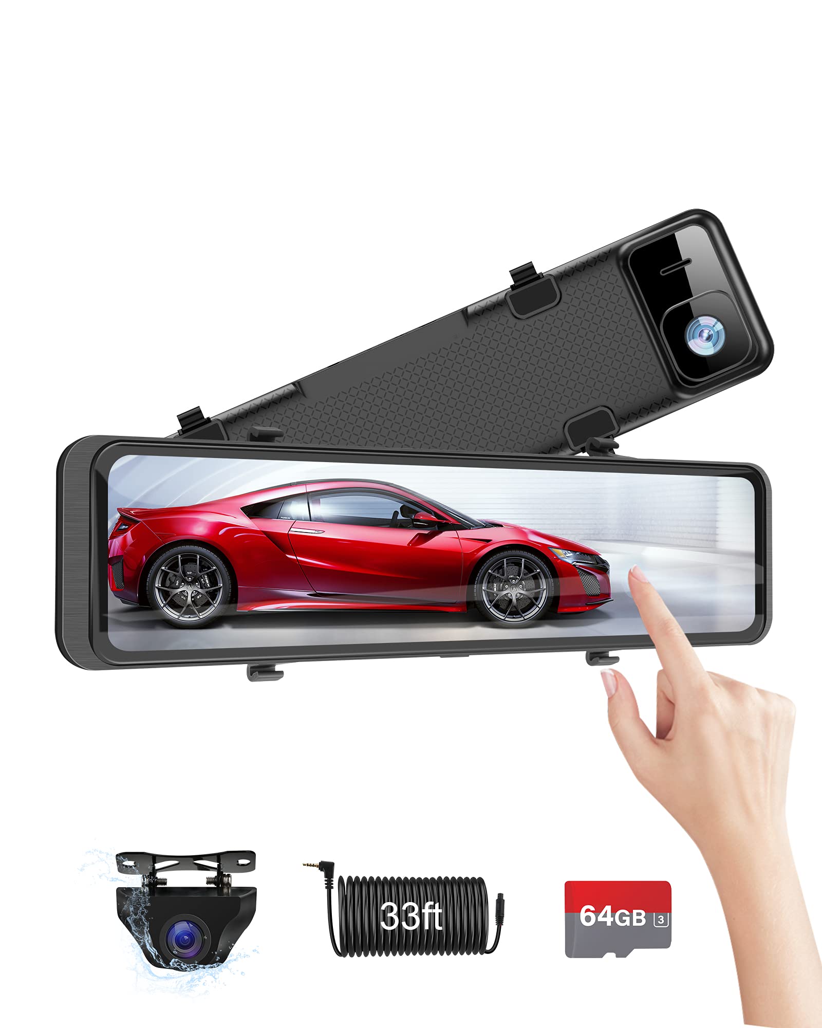 【Upgrade 12''】 4K Mirror Dash Cam Front and Rear View Backup Camera IPS Full Touch Screen Waterproof 1080P Rearview Camera Enhanced Night Vision for Cars with Sony Sensor, Free 64GB Card ＆ 33ft Cable
