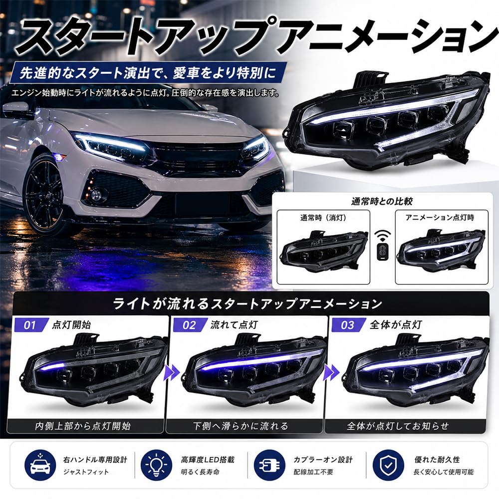 ホンダ　シビックハッチバック　FK7 ヘッドライト　右側　新品　未使用 Amazon | HCMOTIONZ ホンダ シビック ヘッドライト四つ目式 FK7 FK8