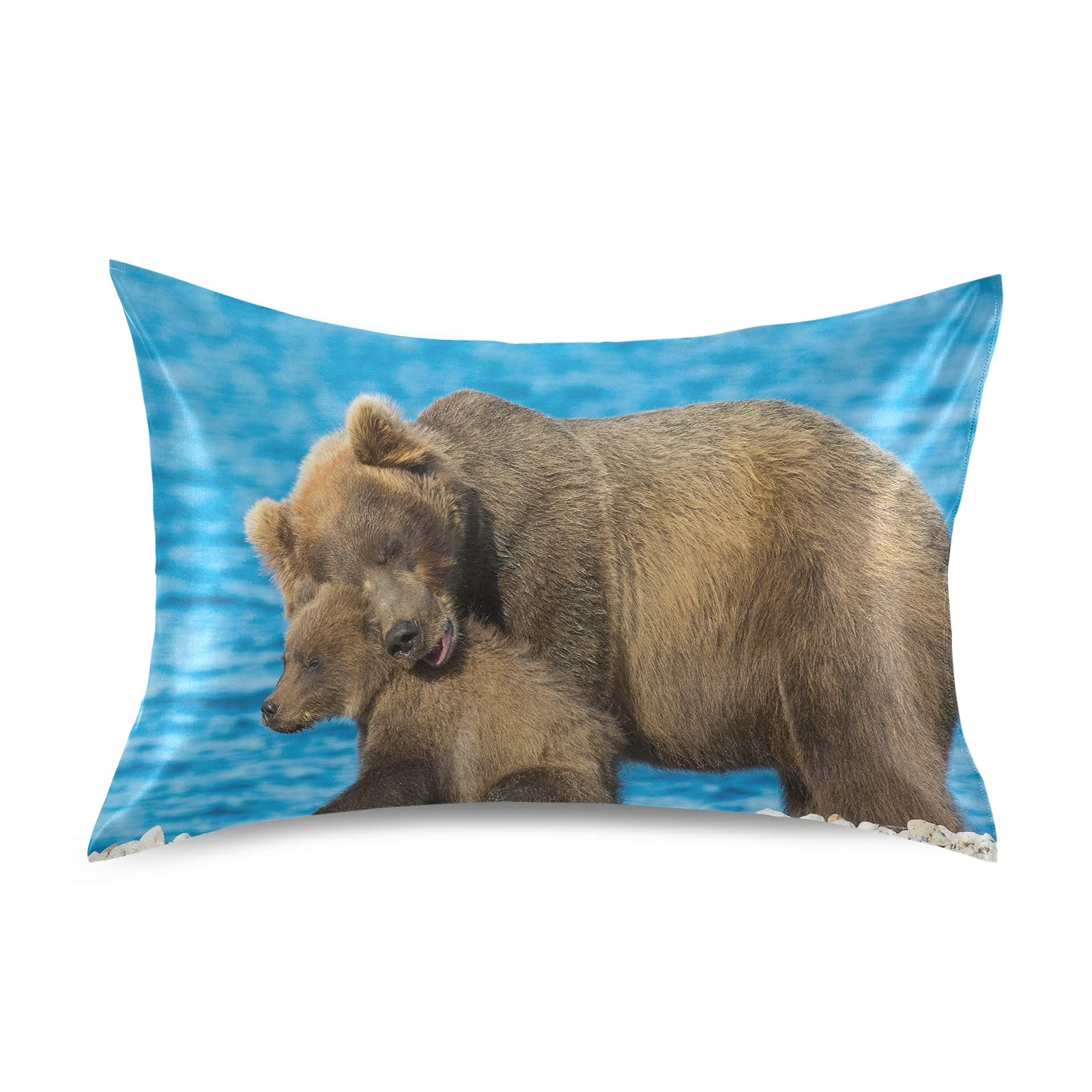 Brown Bear with Baby on Beach with Blue Ocean Sea Silky Satin Pillowcase for Hair and Skin, Soft Breathable Bed Pillow Cover, Decorative Silk Pillow Cases, Standard Size 20x26 inches