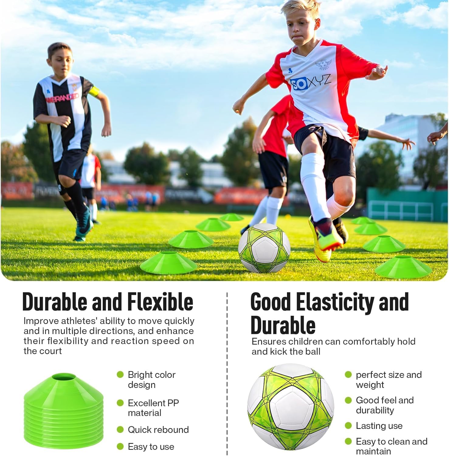 Porteria Futbol Niños para Patio, 2 Porterías de 1,2 x 0,9 m, Portátil, Equipo de Entrenamiento con Balón, 10 Conos, Bolsa de Transporte, Red de Práctica para Jóvenes, Deportes