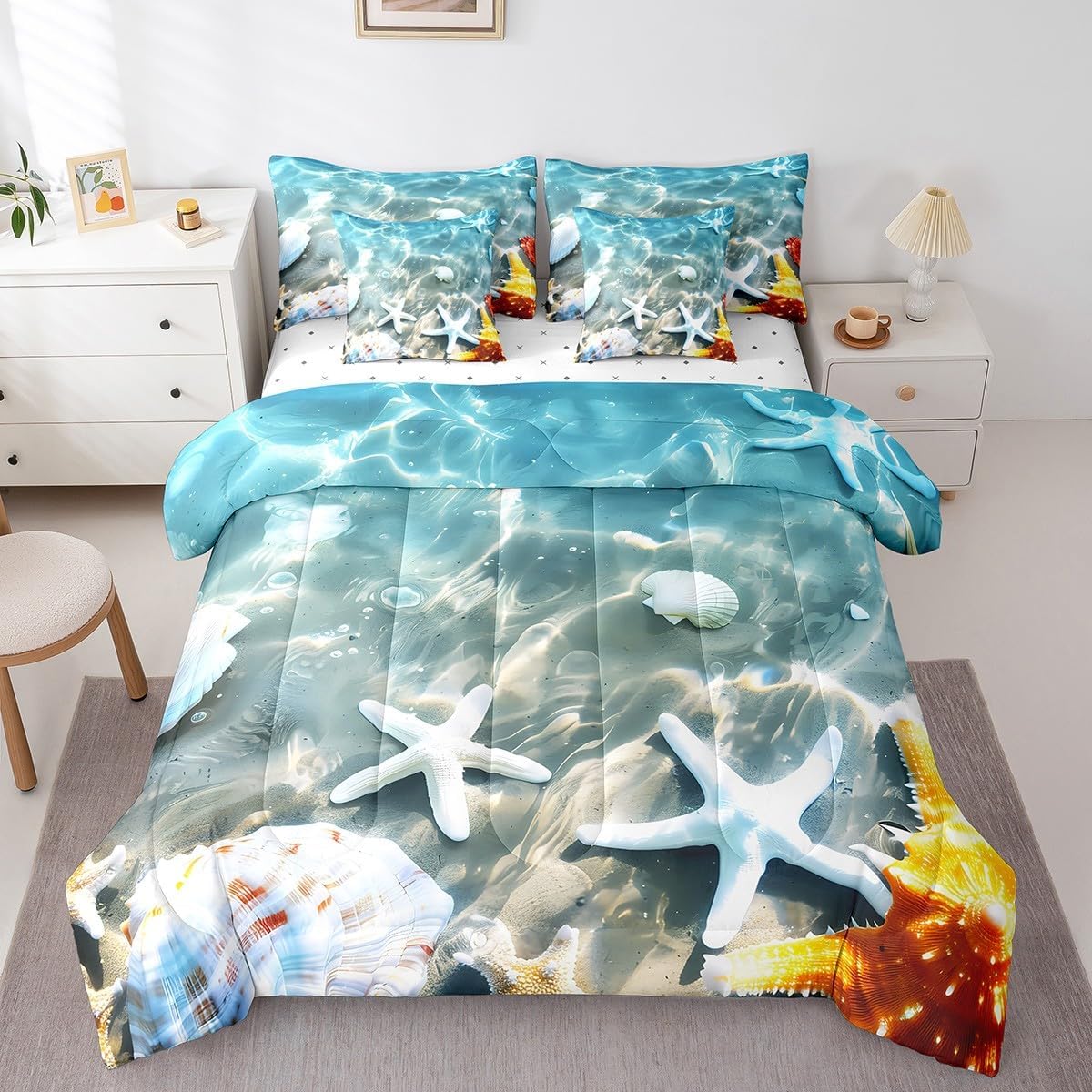 Feelyou Pretty Ocean Beach 7 Piece Bedding Set King Size Cute Flower Comforter Set with Sheets for Adult Kids Boys Girls Blue Purple Yellow Bed in a Bag Beach Theme Bed Set