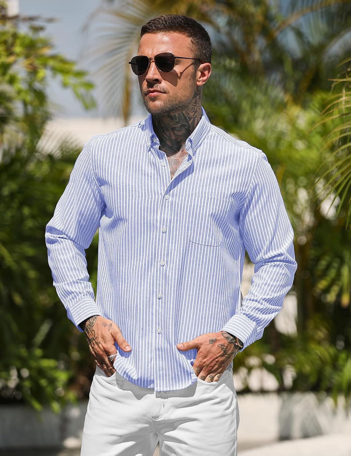 Men's Long Sleeve Oxford Shirt Cotton Business Casual Button Down Shirt with Pocket, Stripes Shirts - Image 3