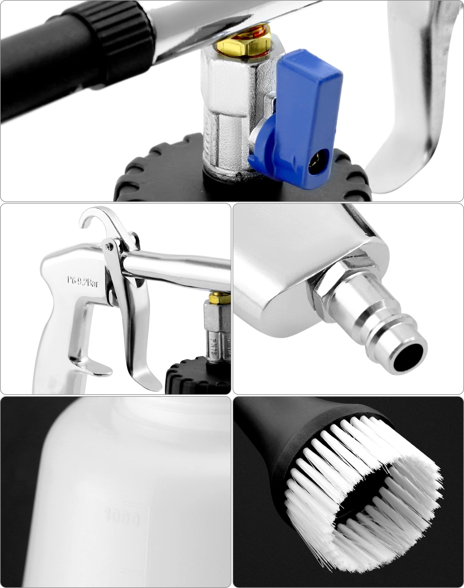 QWORK® Pistolet Nettoyage Voiture 6.5-9.2Bar, Pistolet de Nettoyage à air comprimé avec Bouteille en Mousse et Brosse, pour intérieurs de Voiture
