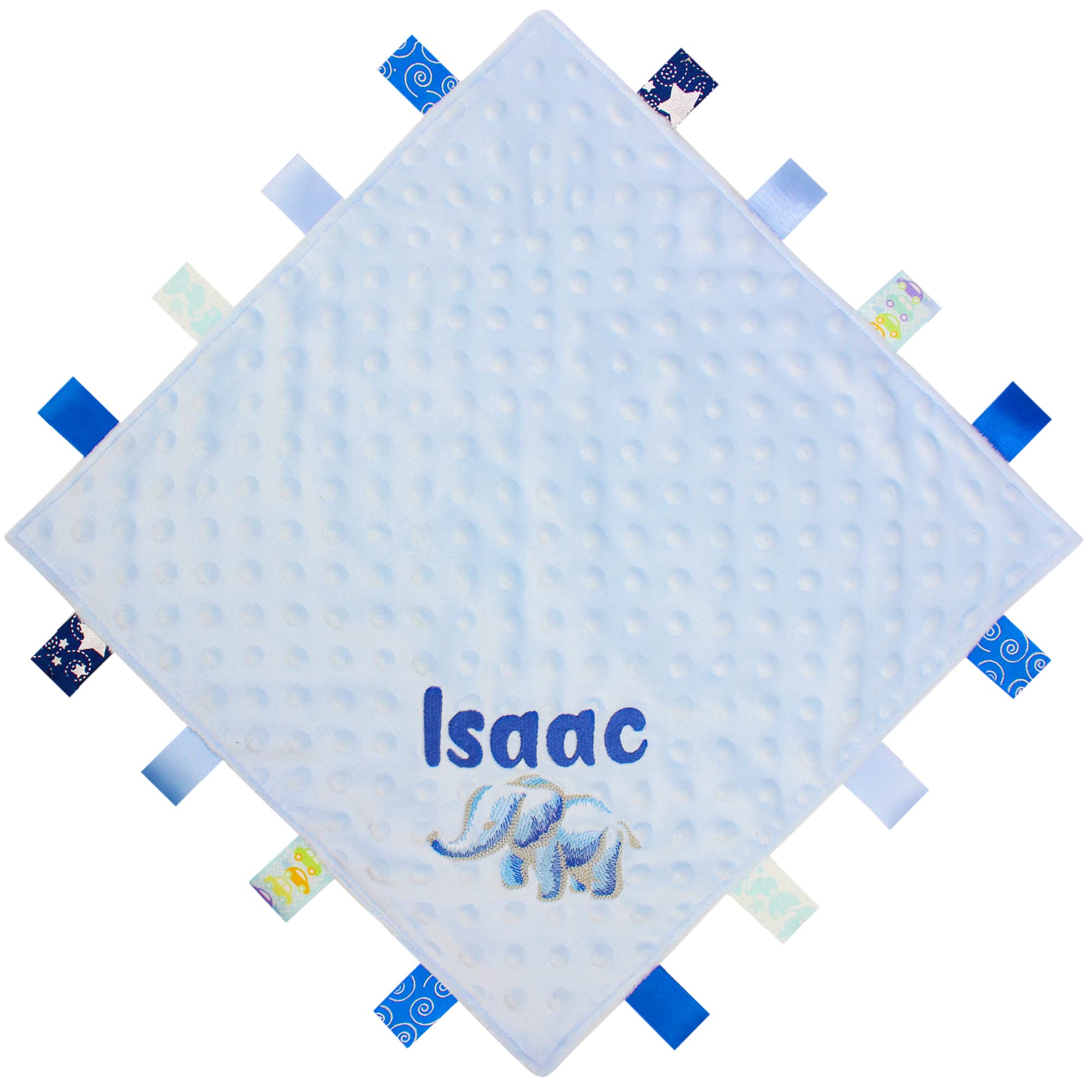 TeddyTs Personalised Blue Embroidered Elephant Watercolour Baby Taggy Blanket Comforter, One size