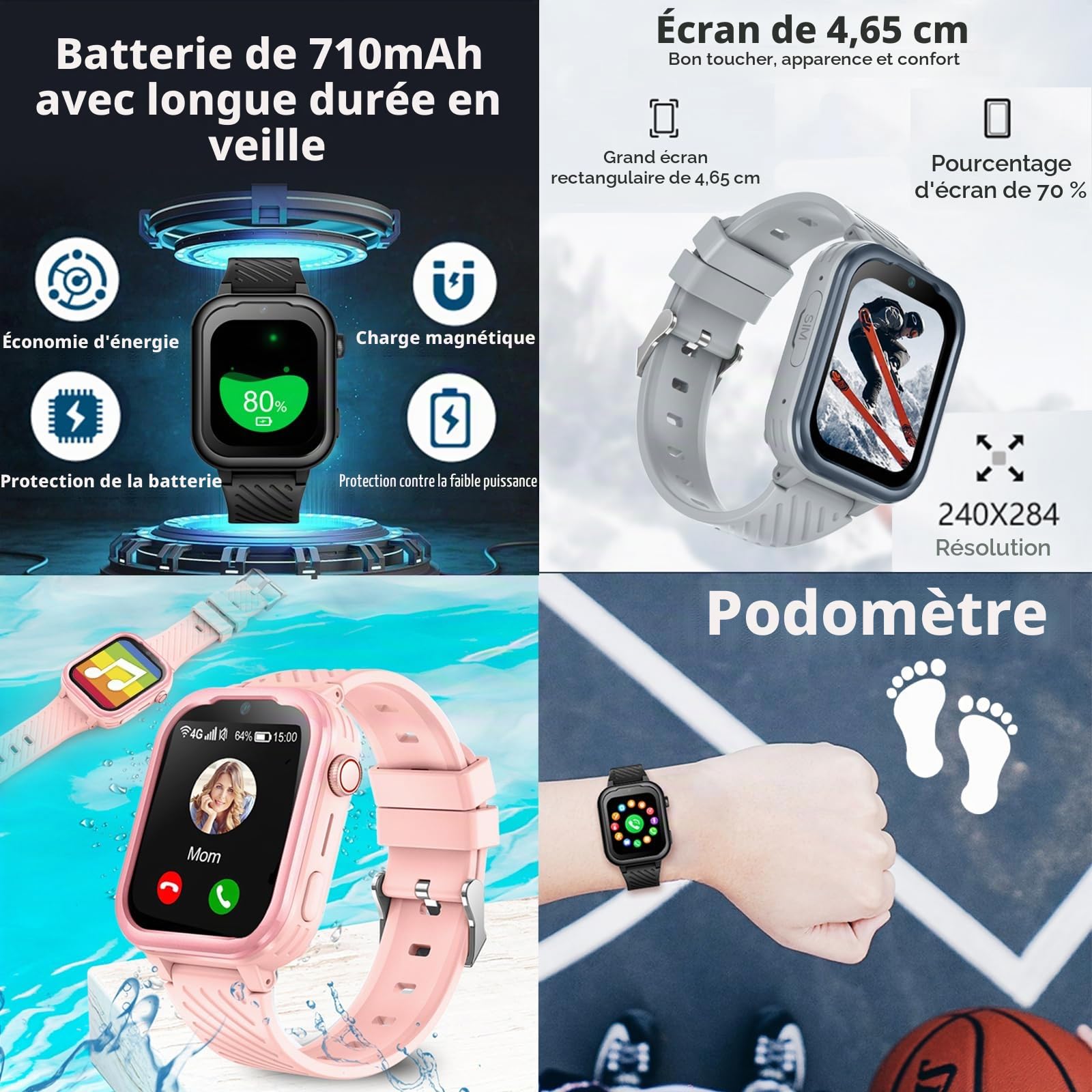 Montre Connectée Enfant 4G/GPS/WiFi/Appel Vidéo/SOS, Cadeaux Montre Connectée Garçons Filles avec Appareil Photo, Musique, Bluetooth, Mode Classe, Réveil, Pédomètre.