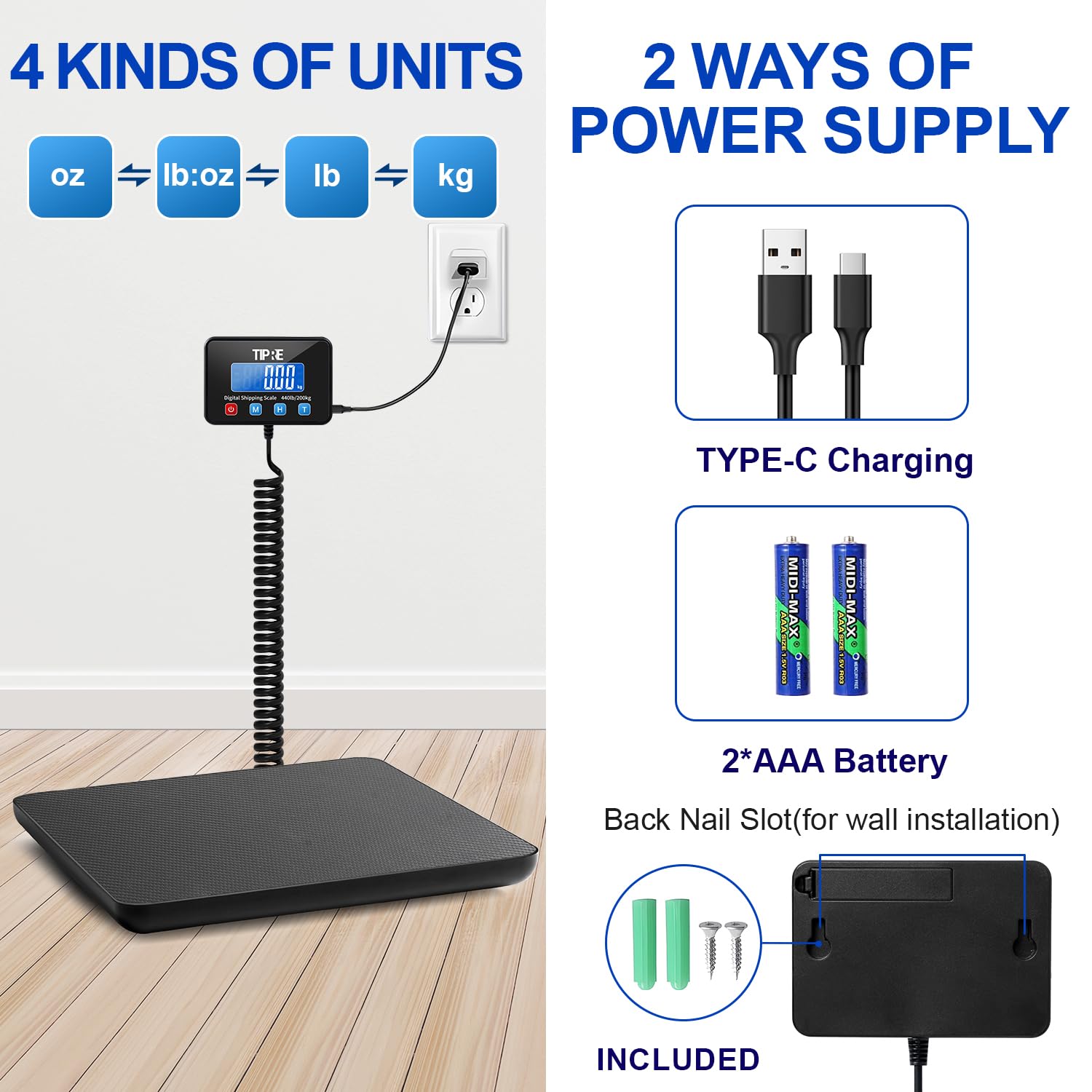 TIPRE Báscula de envíos digital, precisión 15g, hasta 200kg. Superficie de fibra de carbono ligera, ideal para paquetes, pymes, correo, almacén, hogar y equipaje. Incluye batería y cable de carga.