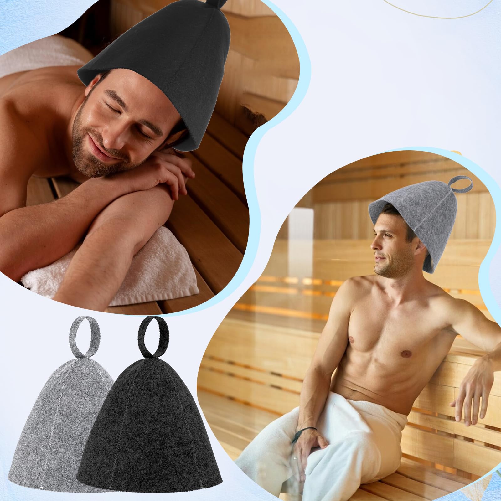 Lot de 2 bonnets de sauna en feutre de laine absorbant - Protection de la tête taille universelle gris noir