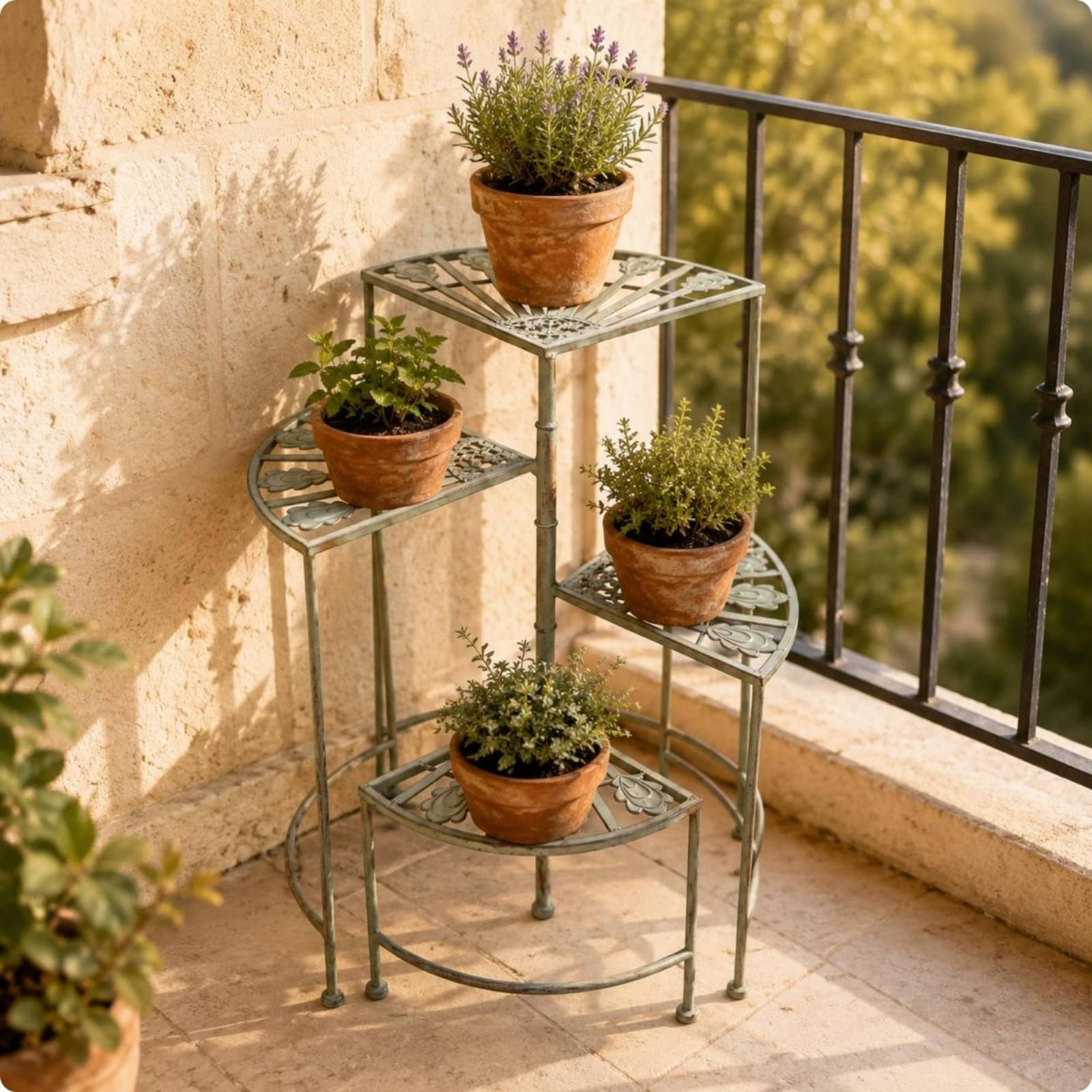 Portavasi a 4 Livelli Livelli Salvaspazio Portavasi in Metallo Decorativo Arredo da Giardino per Spazi Interni Esterni, Verde Invecchiato
