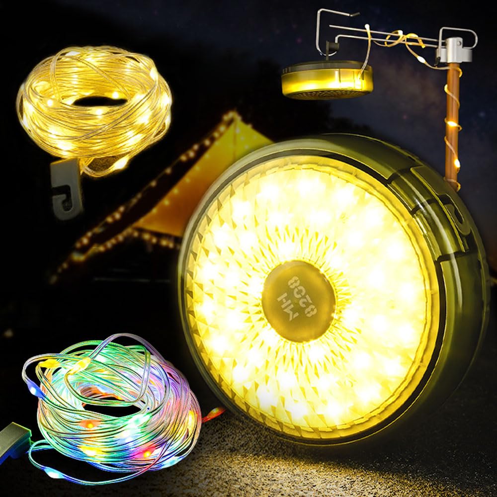 Catena Luminosa da Campeggio, 10M Luce Da Campeggio Avvolgibile, Catene Luminose Da Esterno A Led Ricaricabile Con 8 Modalità, Portatile Luci Da Campeggio Esterno for Camping Hiking Esterni Feste