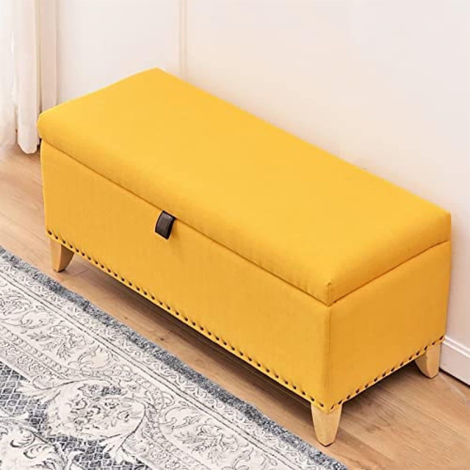 Banc de rangement en bois massif rembourré lin jaune design scandinave