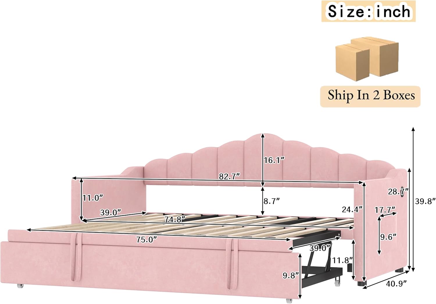 Pink Velvet Daybed with Adjustable Height Pop Up Trundle Convertible Twin to King Daybed Extendable Upholstered Sofa Bed Frame with Charging Ports and 2 Side Pockets Space-Saving No Box Spring Needed