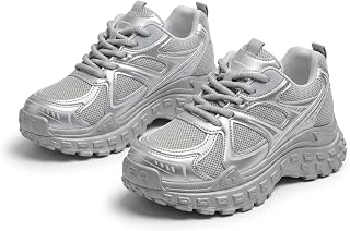 Anyvip Women's Platform Sneakers Chunky Dad Shoes Metallic Silver Mesh Breathable Athletic Walking Fashion Height Increasing Casual Sport