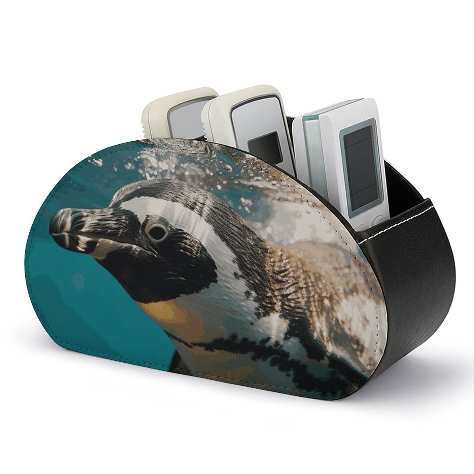 JTREHY Penguin Swimming in The Ocean Remote Control Holder with 5 Compartments Pu Leather Remote Caddy Box Multi-functional Deskt Holders Organizer Box Tray Bedside Table Storage Organizer
