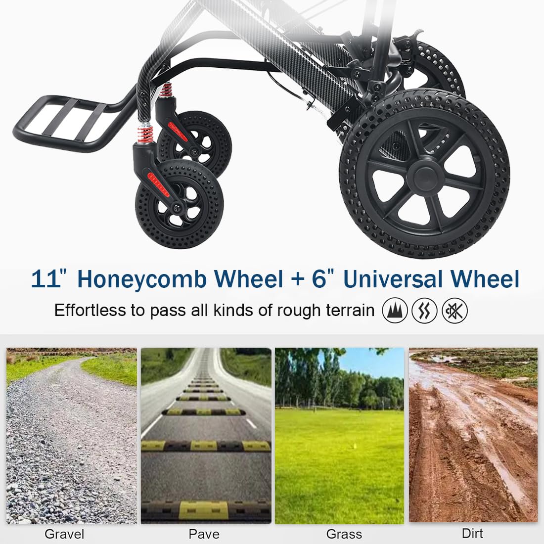 Sedia a rotelle per il trasporto con manico telescopico, 11 kg, pieghevole, per adulti e anziani, in lega di alluminio, pneumatici a nido d'ape ammortizzante, portata 110 kg, portata 46 cm