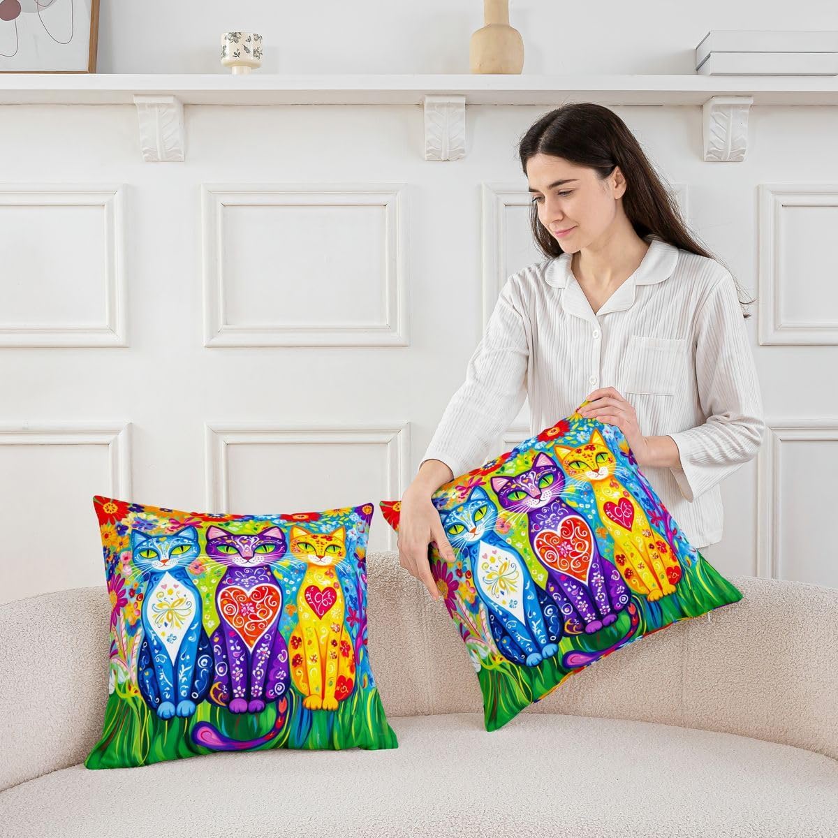 Manfei Folk Art Cat Throw Pillow Cover Boho Colorful Floral Double-Sided Pillow Case Bedroom Living Room Animal Mexican Cushion Cover for Bed Couch Soft Pillowcases,18x18 Inches Green Purple image 3