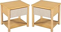 Vista 7 de Moderno juego de base de cama Queen con 2 mesitas de noche, cama de plataforma de madera beige con cabecero y mesitas de noche a juego