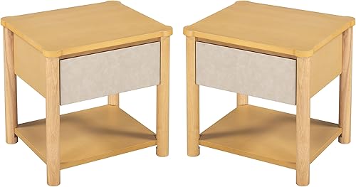 Miniatura 7 de Moderno juego de base de cama Queen con 2 mesitas de noche, cama de plataforma de madera beige con cabecero y mesitas de noche a juego para