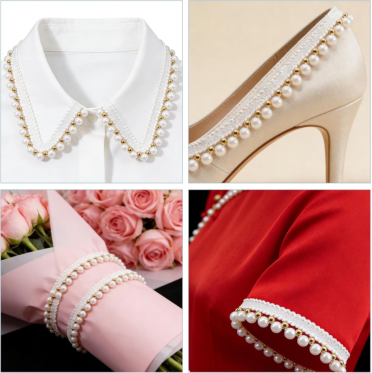5 Yard White and Gold Pearl Lace Trim, 15 mm Wide Fringe Beaded Ribbon Glitter Beads Woven Applique Edge Trim, Faux Pearls Ribbon for Wedding Dress Decorations and DIY Crafts