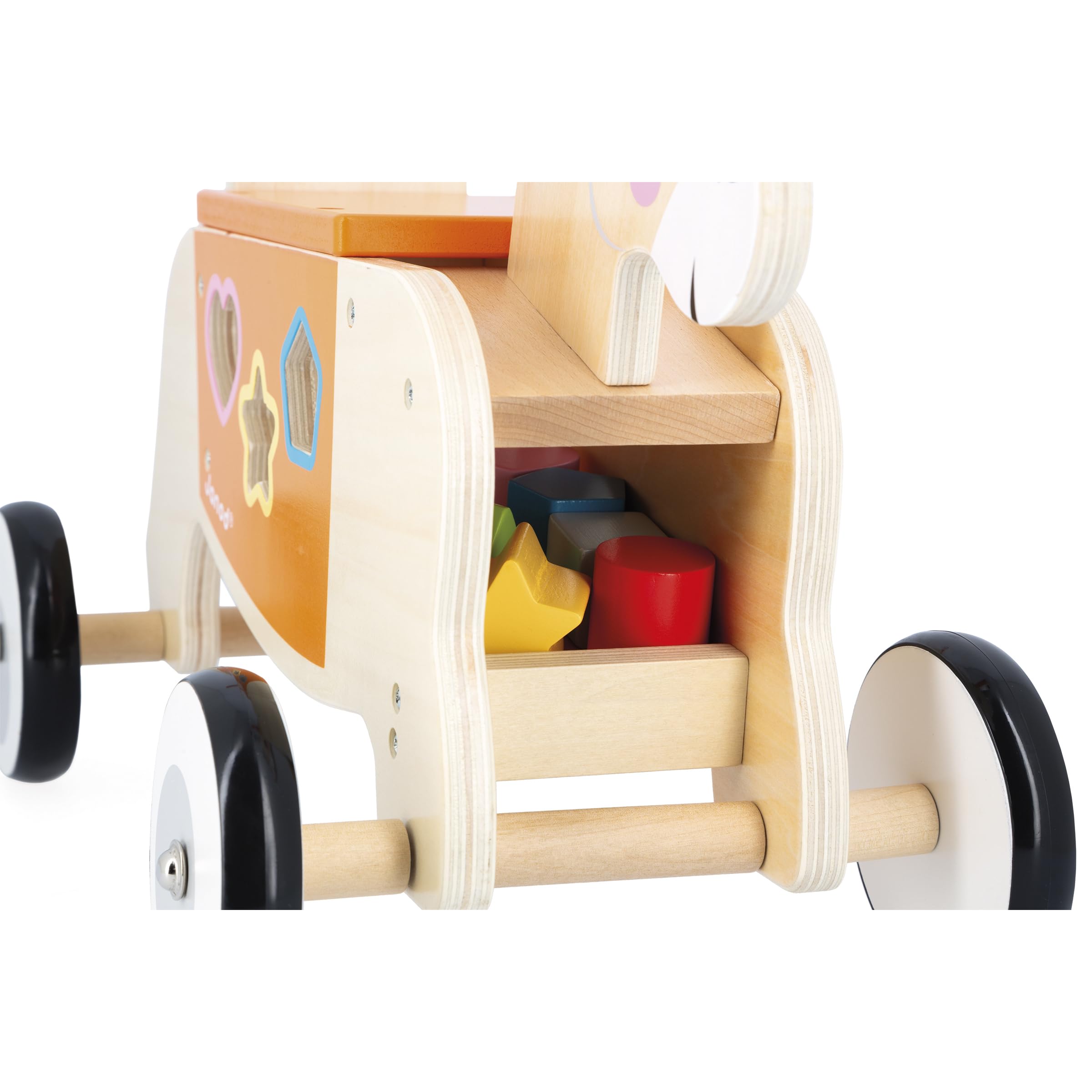 Janod Asino in legno con scatola delle forme integrata, Funzione trottatore, Ruote silenziose, Allenamento dell'equilibrio e delle capacità motorie, Giocattolo in legno, Da 12 mesi, J03325