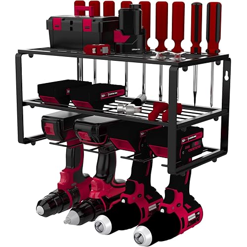 Power Tool Organizer Mutilife Updated Heavy Duty Floating Tool Shelf Wall Mount Garage Tool Organizers and Storage Cordless Tool Storage Rack For Garage Workshop Shed Gift for Husban Father Day Gift