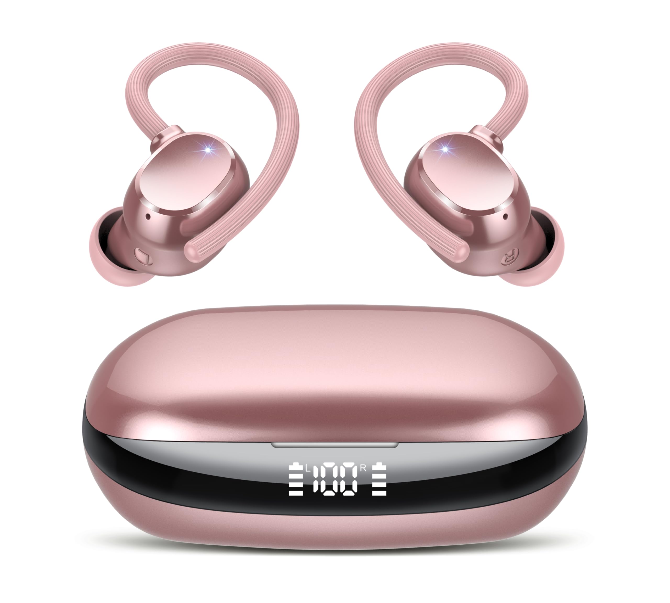 Tukio Cuffie Bluetooth 5.4 Sport, Auricolari Bluetooth Wireless HiFi con Microfono HD e Cancellazione Rumore, Cuffie Wireless con Ganci Auricolari, 80 Ore Autonomia, Display LED, Rosa chiaro