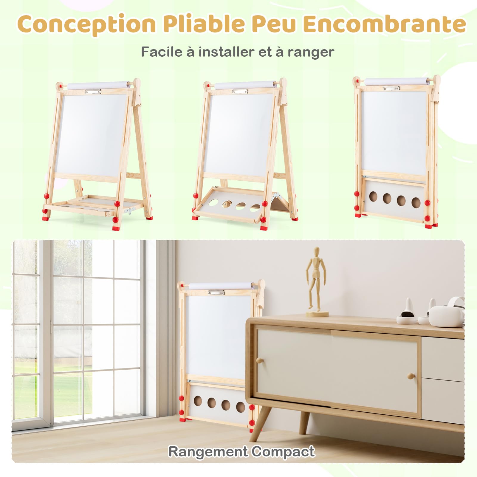 COSTWAY 3 en 1 Tableau Enfant Double Face avec Rouleau de Papier & Tableau Noir/Blanc, Chevalet Enfant Pliable avec Étagère & Hauteur Réglable, 27 Accessoires pour 3-14 Ans (‎59,5x65x147cm)