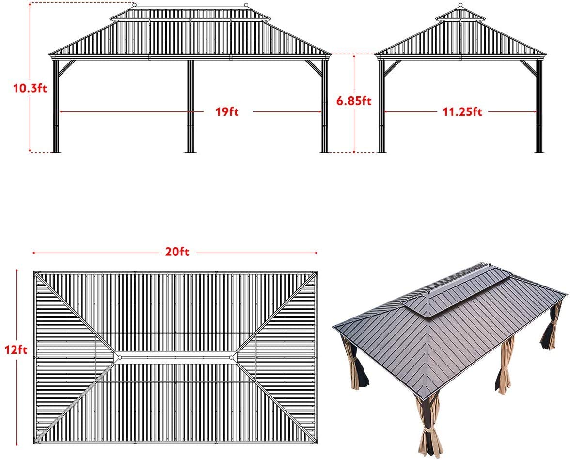 YOLENY 12' X 20' Outdoor Hardtop Gazebo Galvanized Steel Double Vented