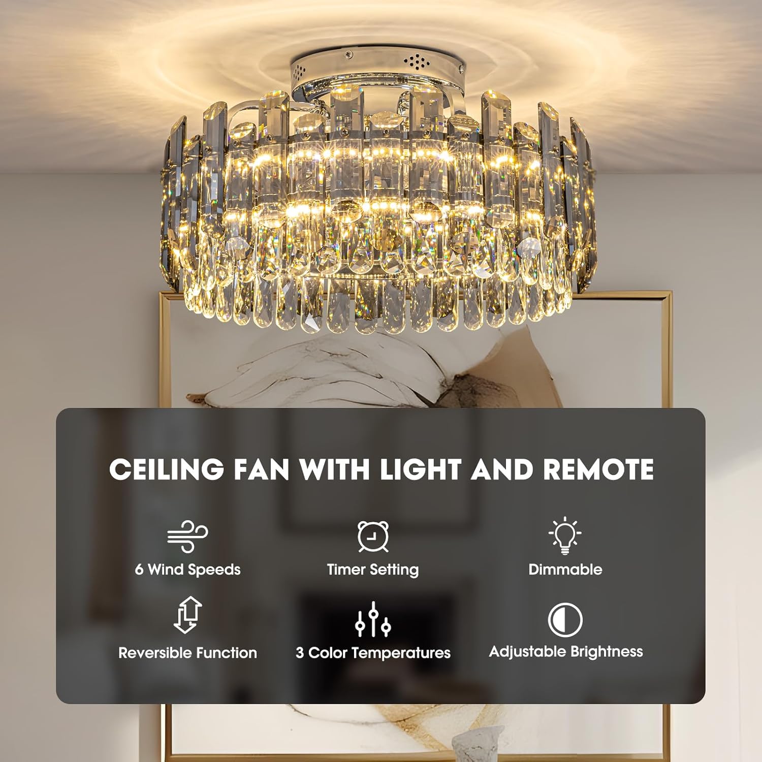 Crystal Ceiling Fan with Lights, Modern Chandelier Ceiling Fan with Remote, 6-Speed Wind, Dimmable LED, 20” Low Profile Ceiling Fan for Bedroom Dining Room Living Room