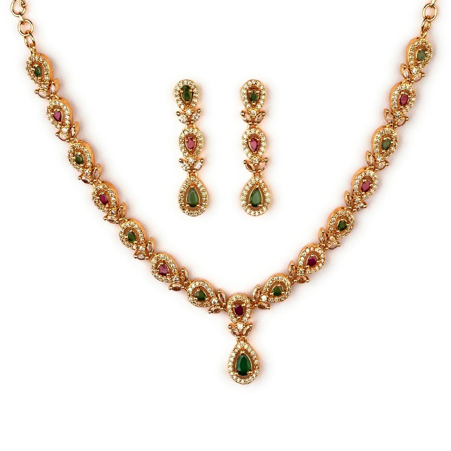 Sasitrends Traditional Micro Gold Plated Multi Color AD American Diamond Jewellery Necklace Jewellery Set for Women and Girls
