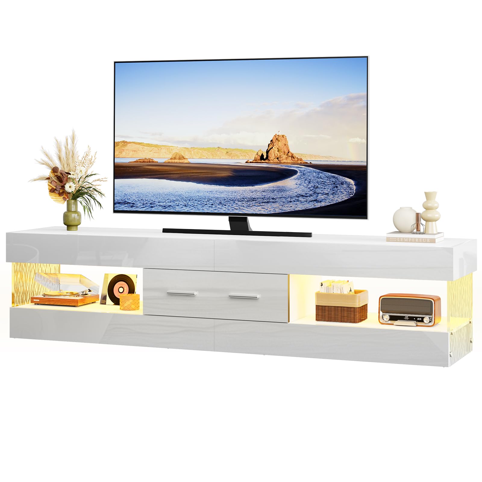 Bestier Mobile TV per TV da 75 pollici,moderno mobile TV laccato lucido,centro di intrattenimento a LED con ampio cassetto,consolle TV per soggiorno e camera da letto(bianco)