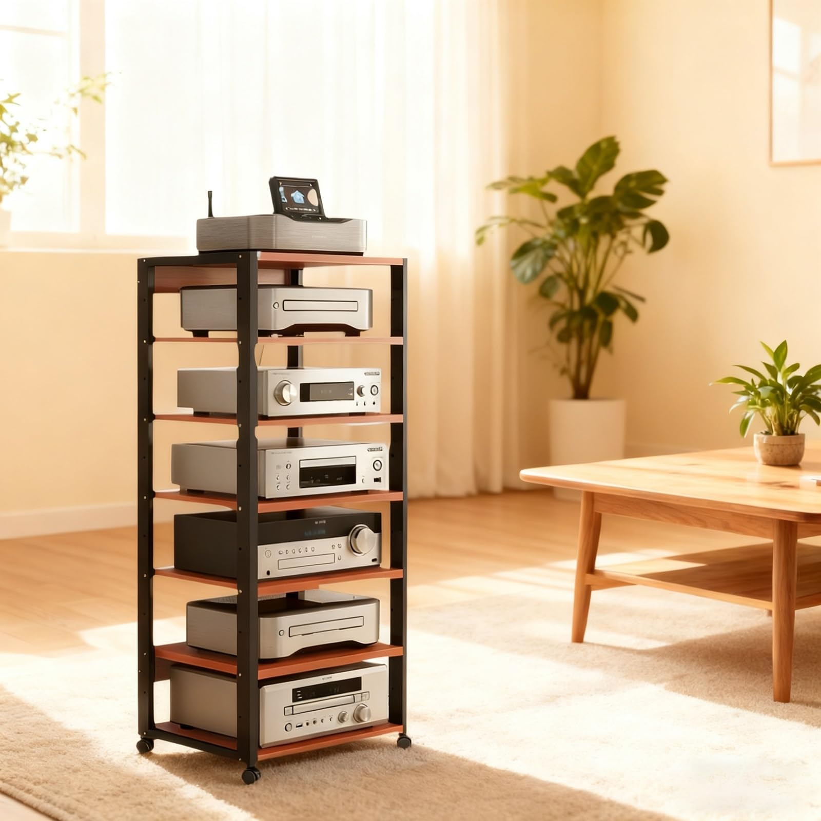 CWCQGH 7 Tier Rack with Wheels Media Stand & Record Player Shelf Adjustable Shelves Stylish Black Media Console Cabinet for Home Theater & Audio Equipment,Teak Color