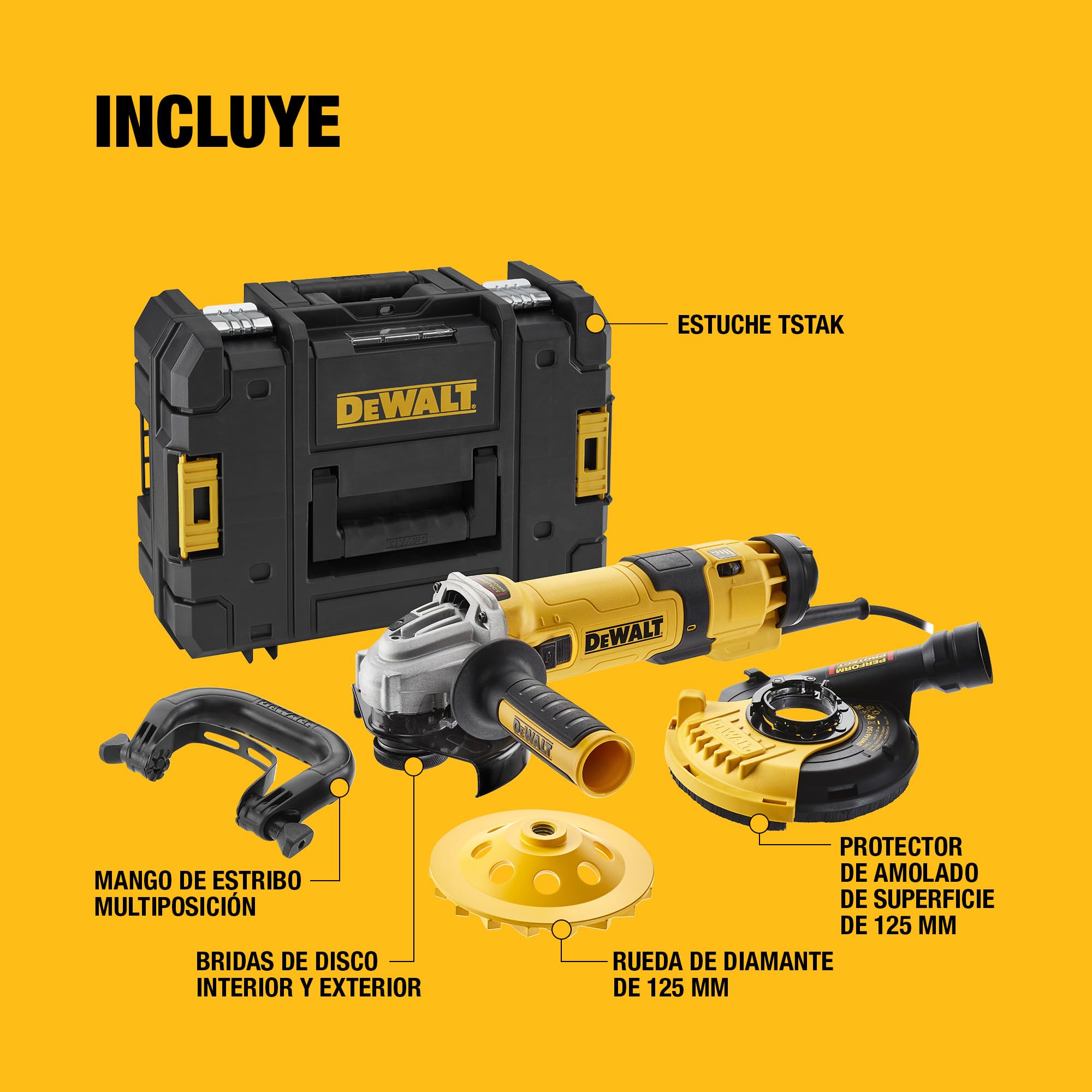 DEWALT Mini-amoladora angular eléctrica, 125mm, Potente motor 1500 W, Arranque Suave + Bloqueo, Velocidad sin carga 2800-10000 rpm, Rosca M14, Sistema de extracción de polvo, DWE4257KT-QS