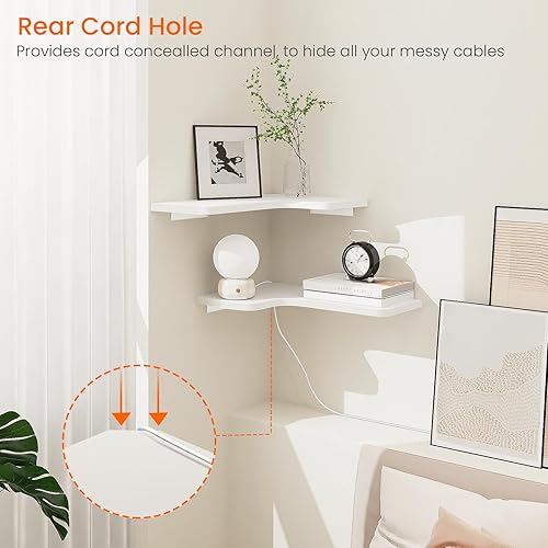 Miniatura 5 de Homode Estantes flotantes de esquina, juego de 3 estantes de pared de esquina con agujero de alambre, estante de almacenamiento colgante de madera