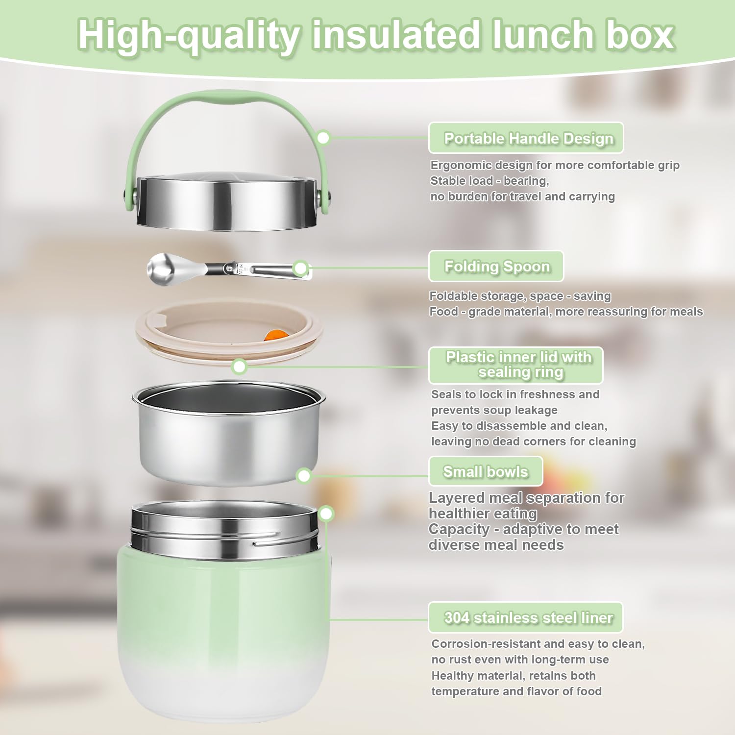 Recipiente térmico para alimentos, 1200 ml, cuenco térmico con tapa, Termo para Comida de acero inoxidable con cuchara plegable, Adecuado para almacenar harina, sopa, almuerzo, queso (Verde)