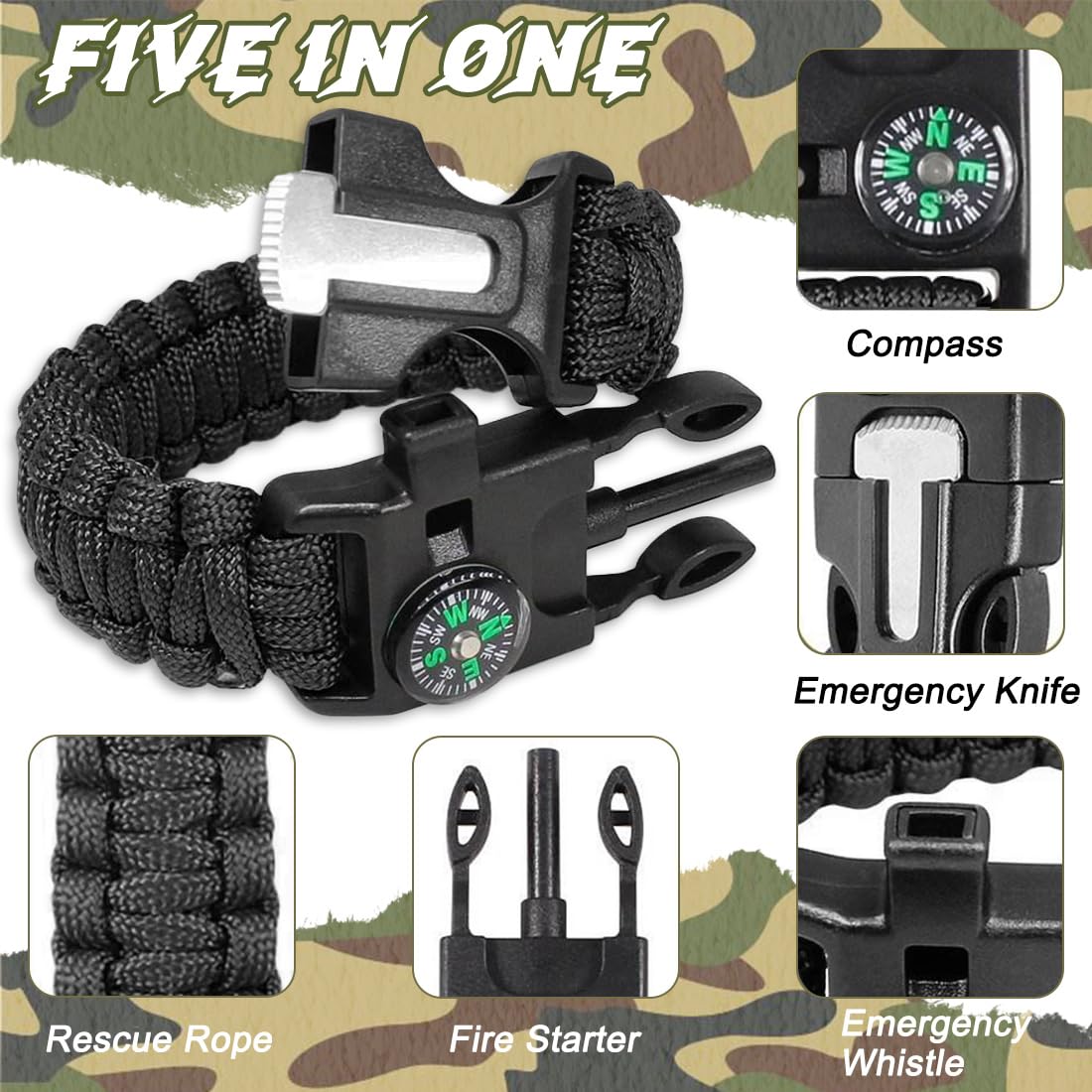 Paracord Braccialetto Set Contiene, Bracciale Sopravvivenza Regolabile, Kit Sopravvivenza con Flint + Bussola + Termometro, per attività all'aperto Escursionismo Campeggio di Emergenza, 2PCS