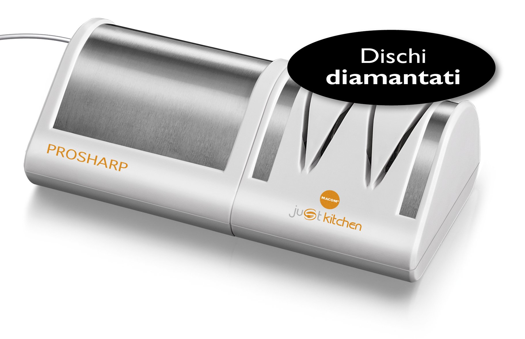 MACOM Affilacoltelli Elettrico Professionale Con 4 Dischi Diamantati, Doppia Affilatura Grana Grossa e Fine, Universale per Coltelli in Acciaio, Ceramica e Seghettati, Just Kitchen 827 Prosharp