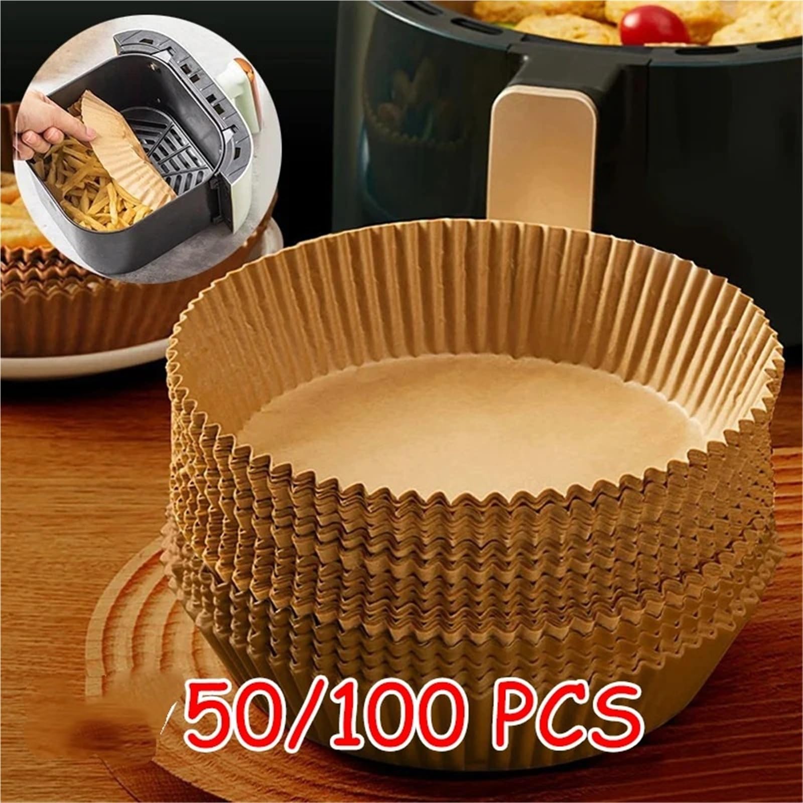 Genérico Compatible con freidoras de Aire, revestimientos de Papel, bandejas de Papel for Hornear cuadradas y Redondas a Prueba de Aceite, 100/50 Uds.(100PCS Round)