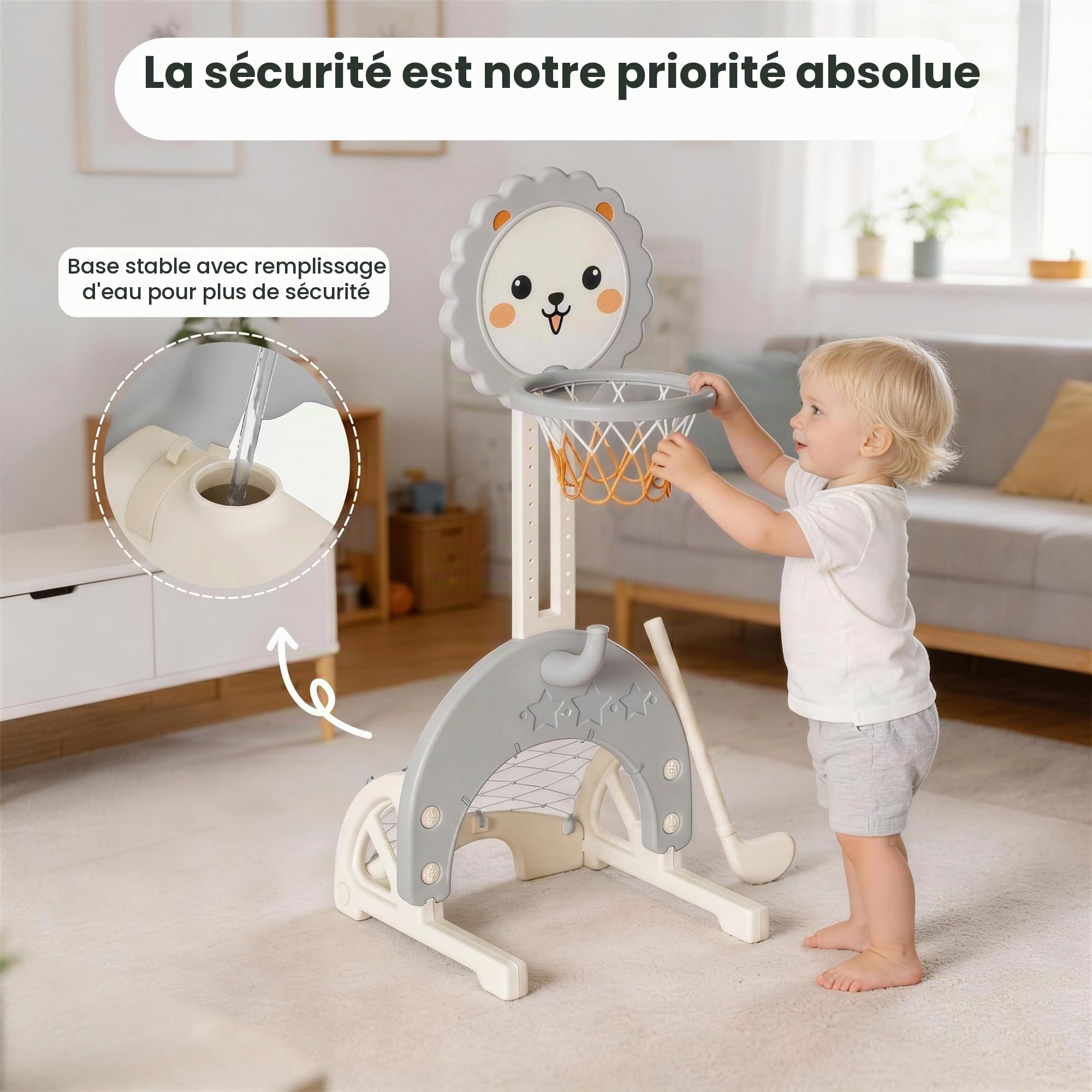 3 en 1 Panier de Basket Enfant - Hauteur Réglable avec But de Football et Lancer d’Anneaux, Mini Panier de Basket, Intérieur et Extérieur, pour Tout-Petits, Gris