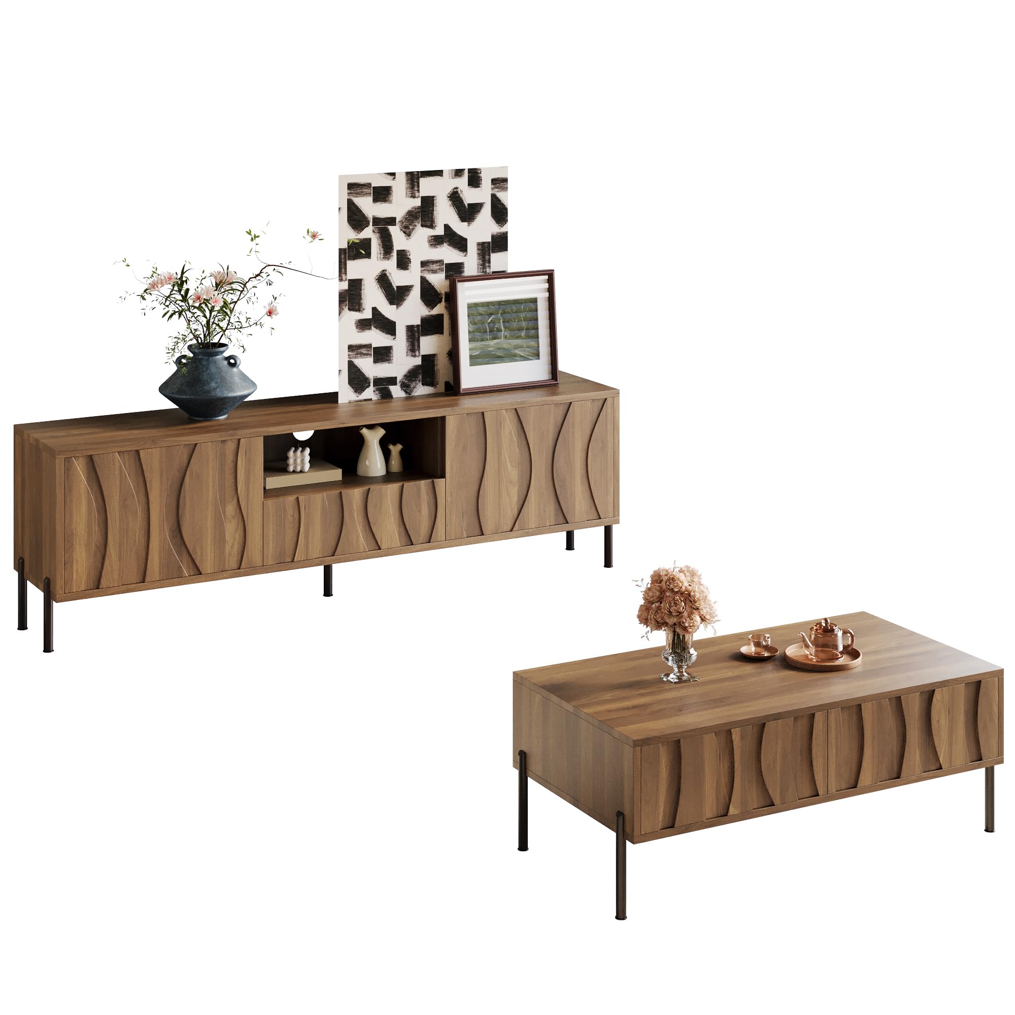 Kebnor Mesa de centro y soporte de TV combinación de madera maciza con patrón ondulado, juego de almacenamiento con grano de madera natural, muebles de almacenamiento artístico para el salón