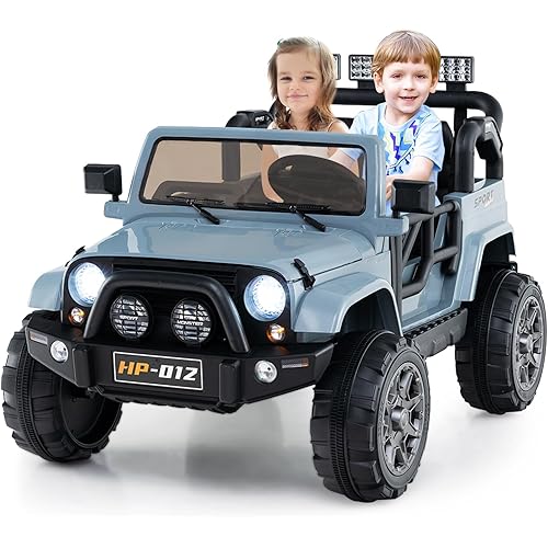 OLAKIDS 2 Seater Ride on Truck, 12V Battery Powered Electric Vehicle for Kids with Remote Control, Power Display, LED Lights, Story, Suspension System, MP3, Ride on Toy for 3+ Boys Girls (Gray)