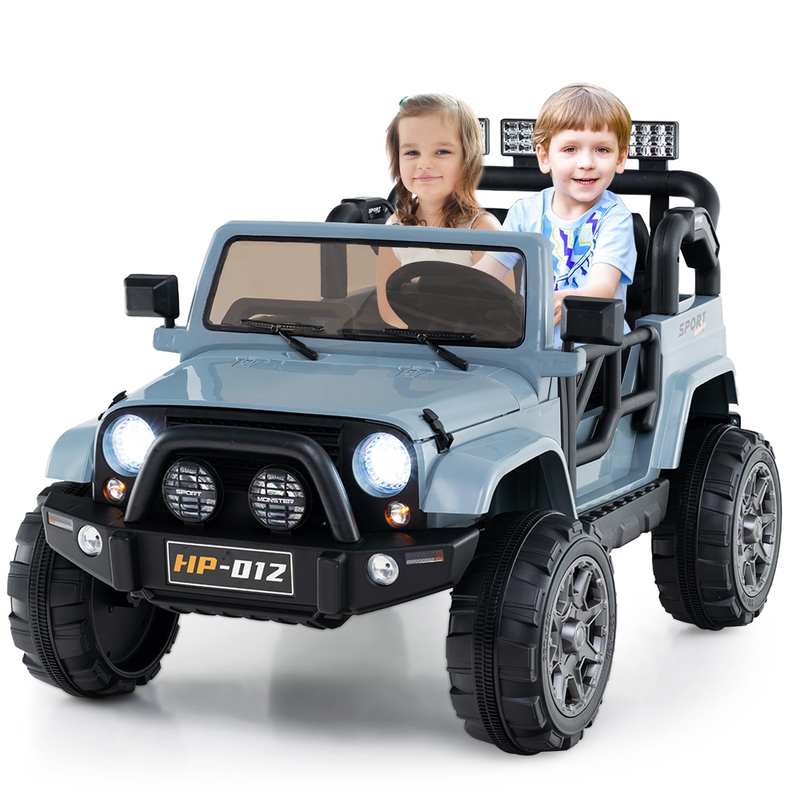 OLAKIDS 2 Seater Ride on Truck, 12V Battery Powered Electric Vehicle for Kids with Remote Control, Power Display, LED Lights, Story, Suspension System